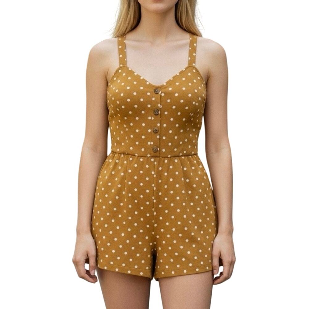American Eagle Mustard Yellow Polka Dot Romper XS Button Front Cross Back Summer - Picture 1 of 11